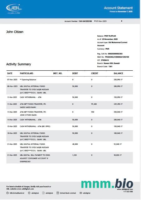Pakistan United Bank Limited wyciąg z konta Word i szablon PDF, 2 strony